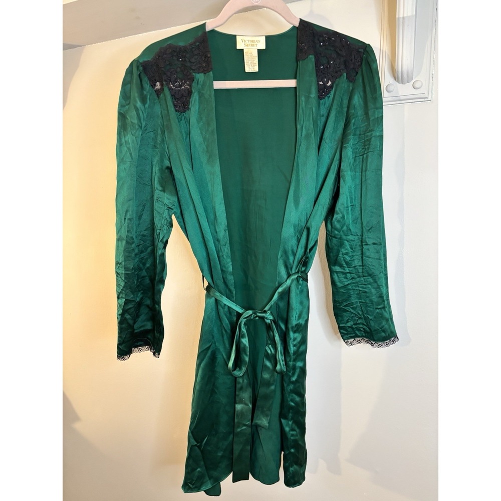 VTG VICTORIA'S‎ SECRET Gold Label Hunter Green SILK Short Robe S Black Lace